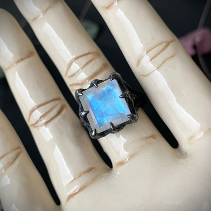 The Dark Embrace Ring (Rainbow Moonstone and Grey Moonstone)