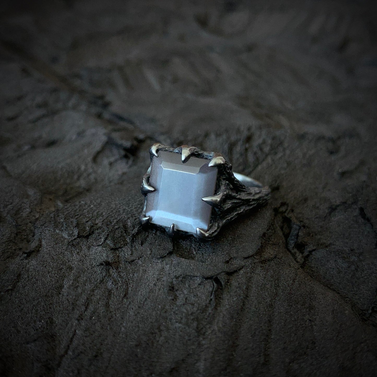 The Dark Embrace Ring (Rainbow Moonstone and Grey Moonstone)