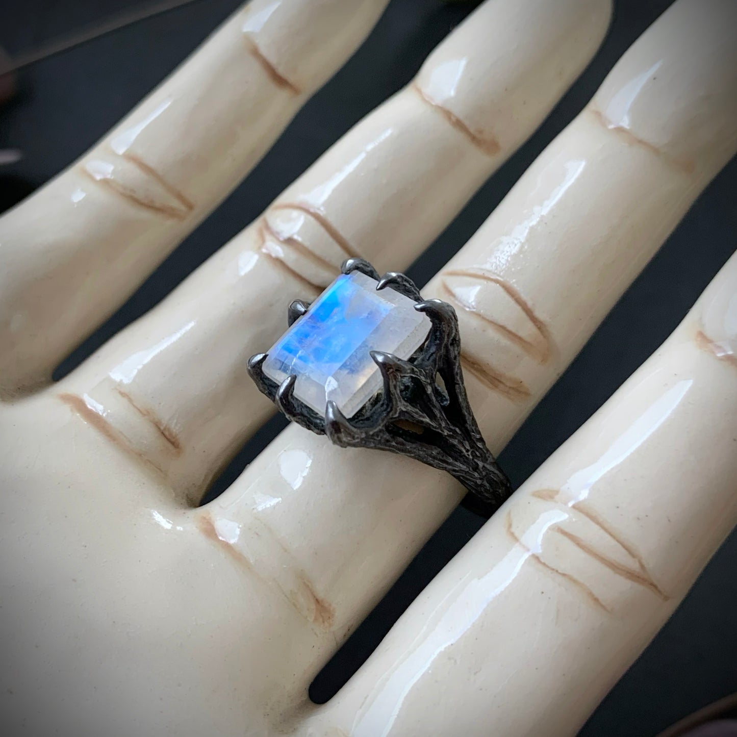 The Dark Embrace Ring (Rainbow Moonstone and Grey Moonstone)