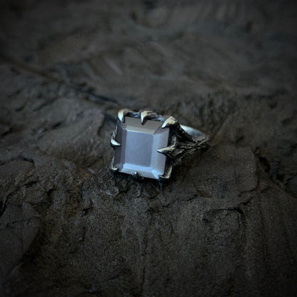 The Dark Embrace Ring (Rainbow Moonstone and Grey Moonstone)