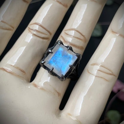 The Dark Embrace Ring (Rainbow Moonstone and Grey Moonstone)