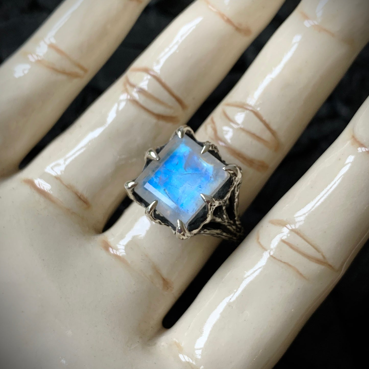 The Dark Embrace Ring (Rainbow Moonstone and Grey Moonstone)