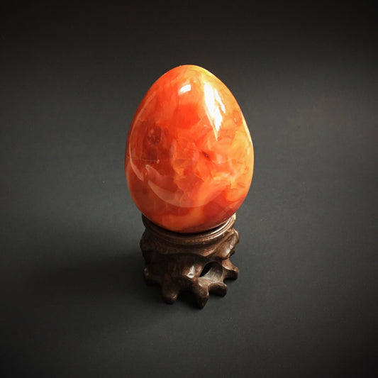 Carnelian Agate Crystal Dragon Egg with Wooden Stand