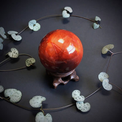 Carnelian Agate Ball with Carved Wooden stand