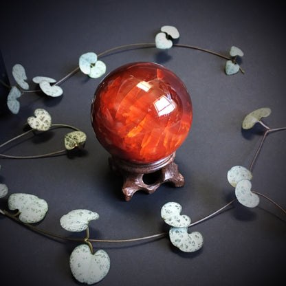 Carnelian Agate Ball with Carved Wooden stand